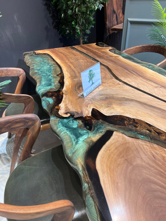 Dining room table, Kitchen table, Green epoxy, Walnut wood, Epoxy table, Custom live edge epoxy resin dining table, Natural edge table