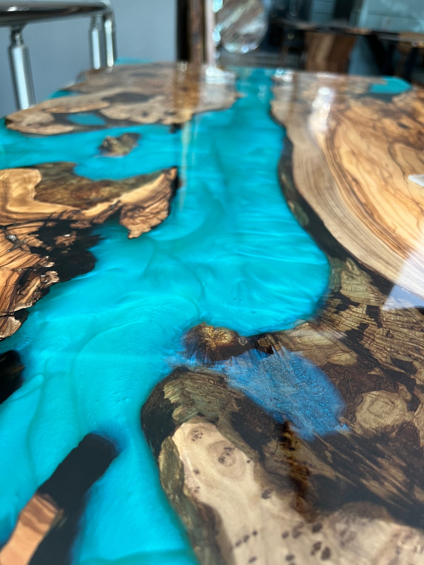 Turquoise epoxy, Epoxy olive table, Living room table, Custom live edge epoxy resin dining table, Color pigment epoxy, Dining room table