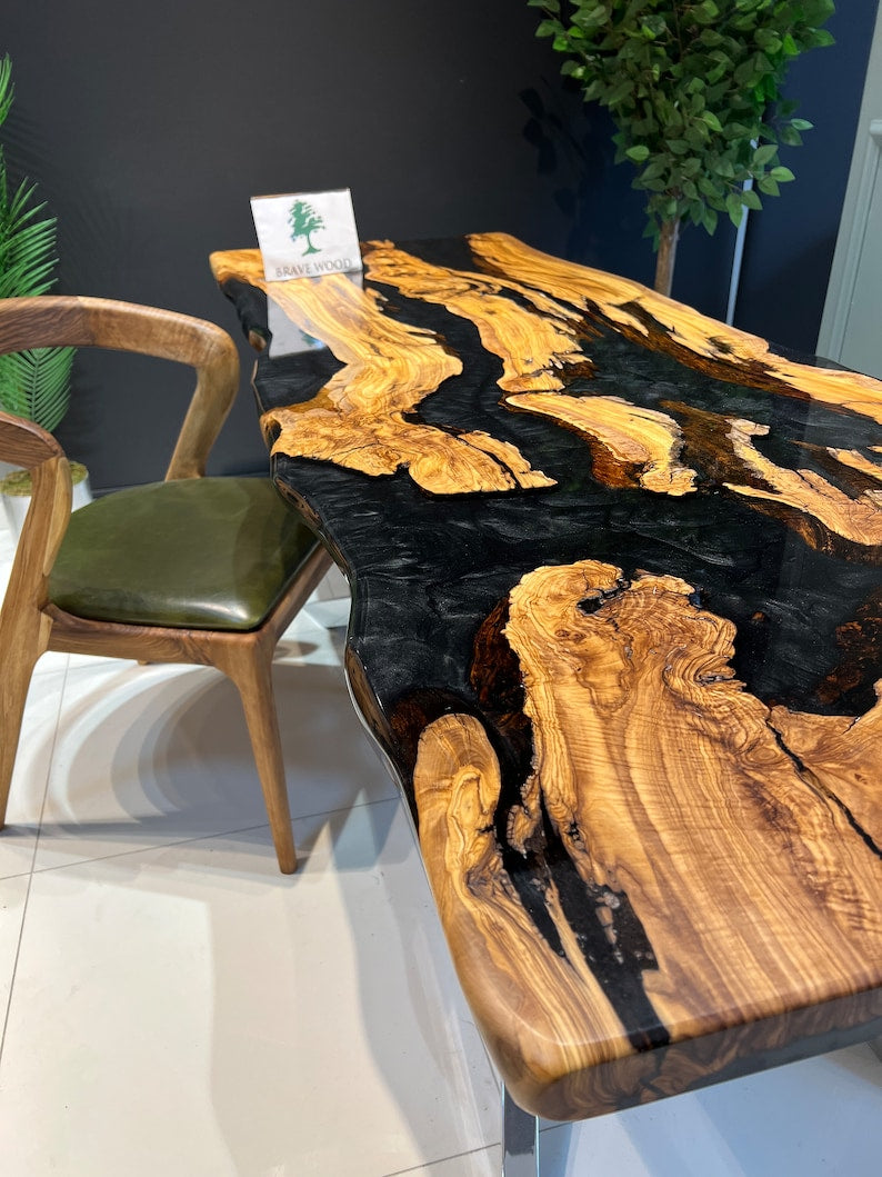 Custom live edge epoxy resin table, Black epoxy table, Dining room tab ...